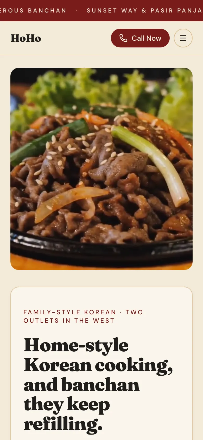 Mobile preview of the HoHo Korean Restaurant concept site.