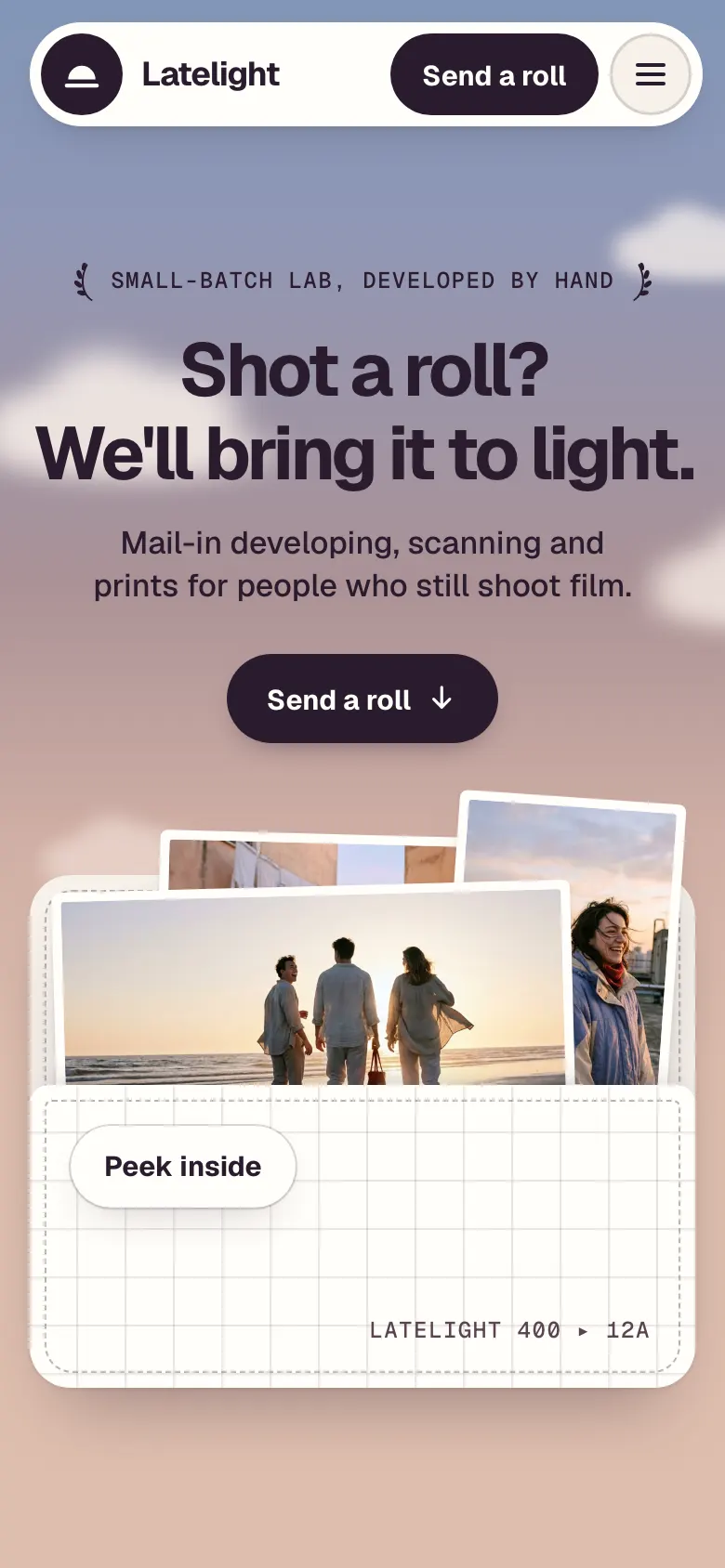 Mobile preview of the Latelight Film Lab concept site.