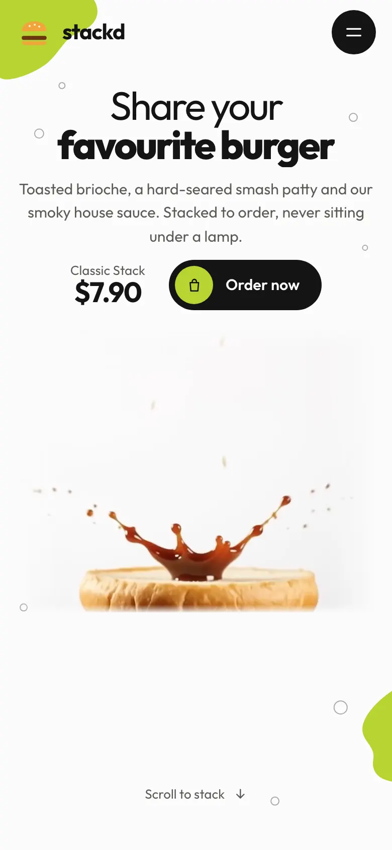 Mobile preview of the Stackd Burger Co. concept site.