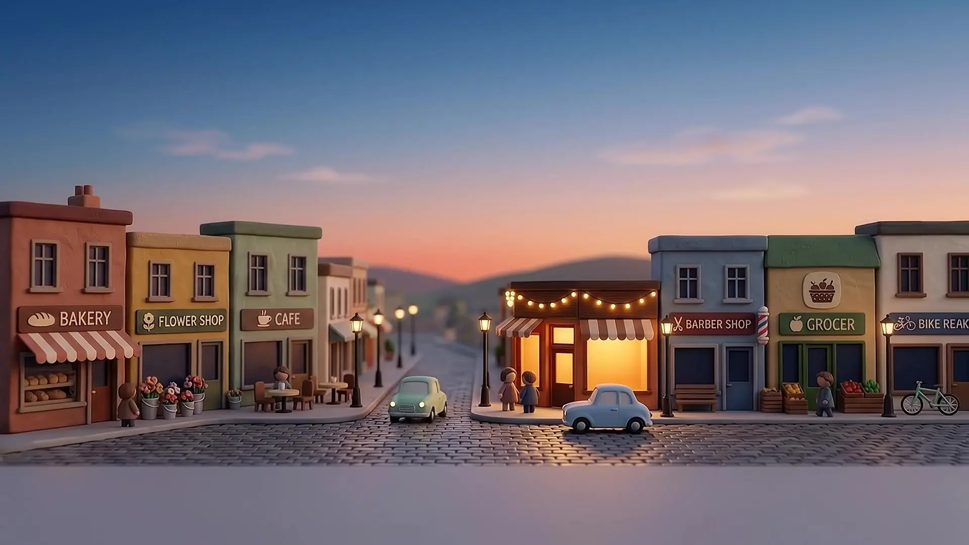 A miniature clay high street at dusk. One shop glows from inside while its neighbours are dark.
