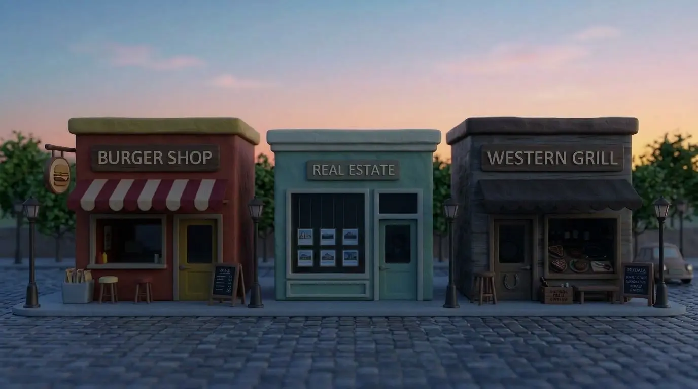 Three miniature shopfronts at dusk: a burger shop, a real estate office and a western grill.